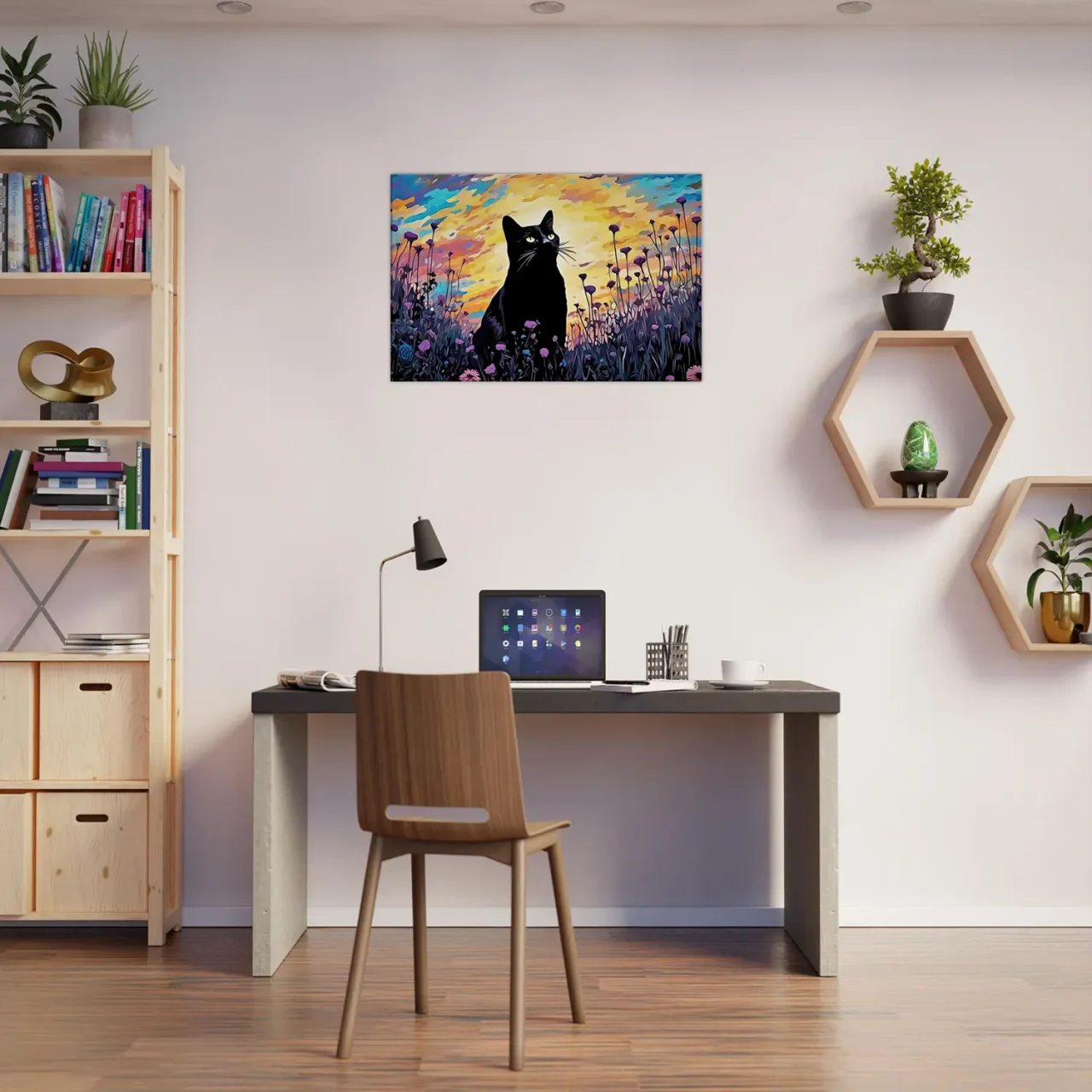 tableau klimt, chat noir et jardin de fleurs