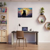 tableau klimt, chat noir et jardin de fleurs