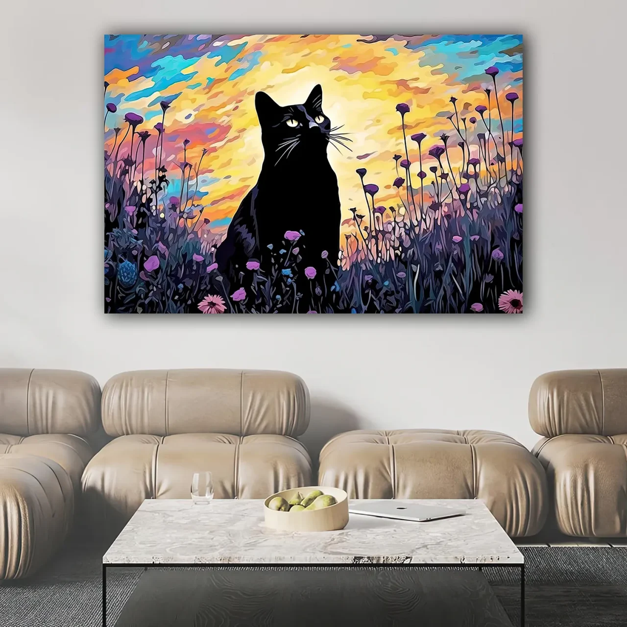 tableau klimt, chat noir et jardin de fleurs