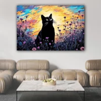 tableau klimt, chat noir et jardin de fleurs