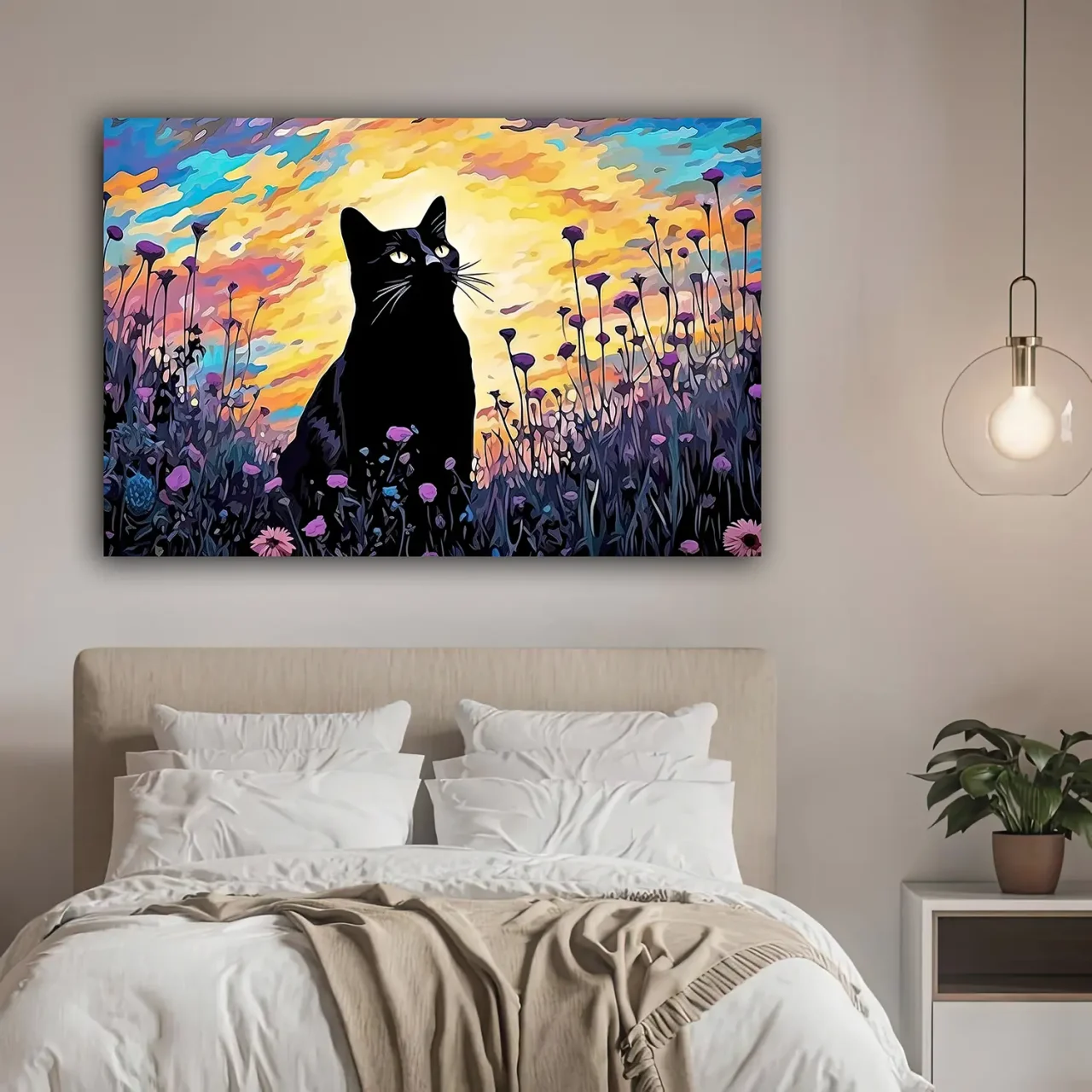 tableau klimt, chat noir et jardin de fleurs