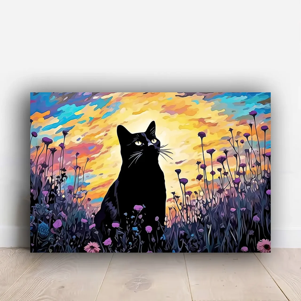 tableau klimt, chat noir et jardin de fleurs