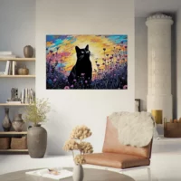 tableau klimt, chat noir et jardin de fleurs