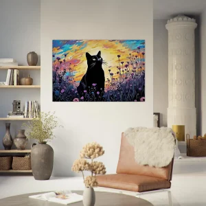 tableau klimt, chat noir et jardin de fleurs