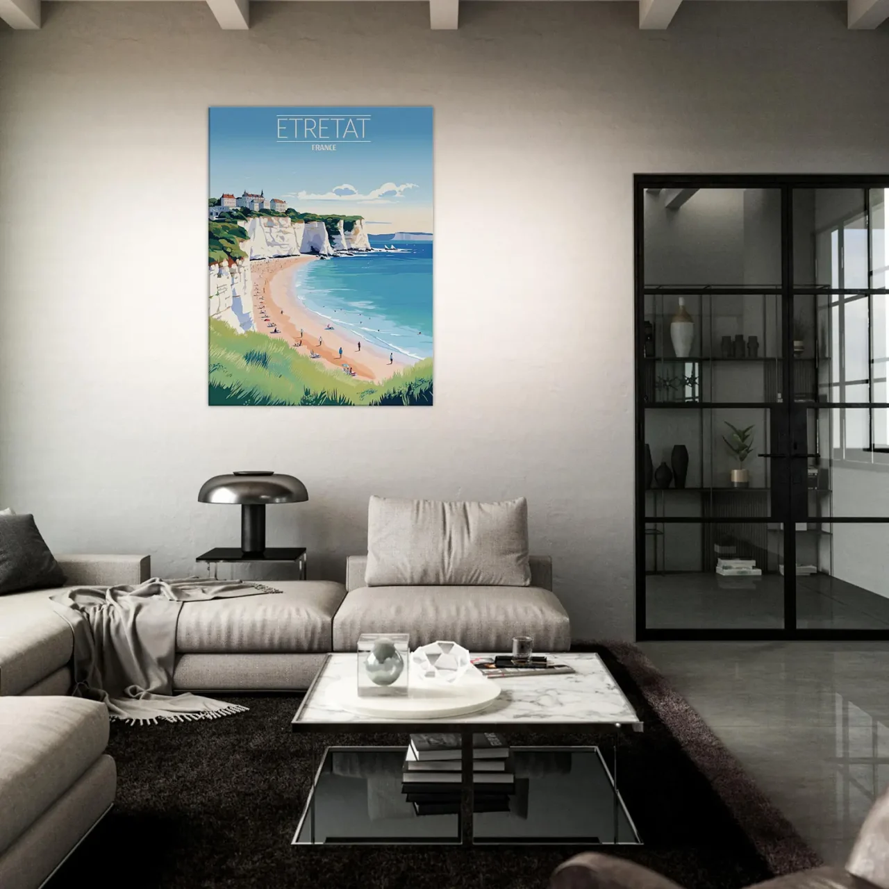 Tableau Falaises d’Étretat: Joyau de la Côte Normande etretat style affiche vintage