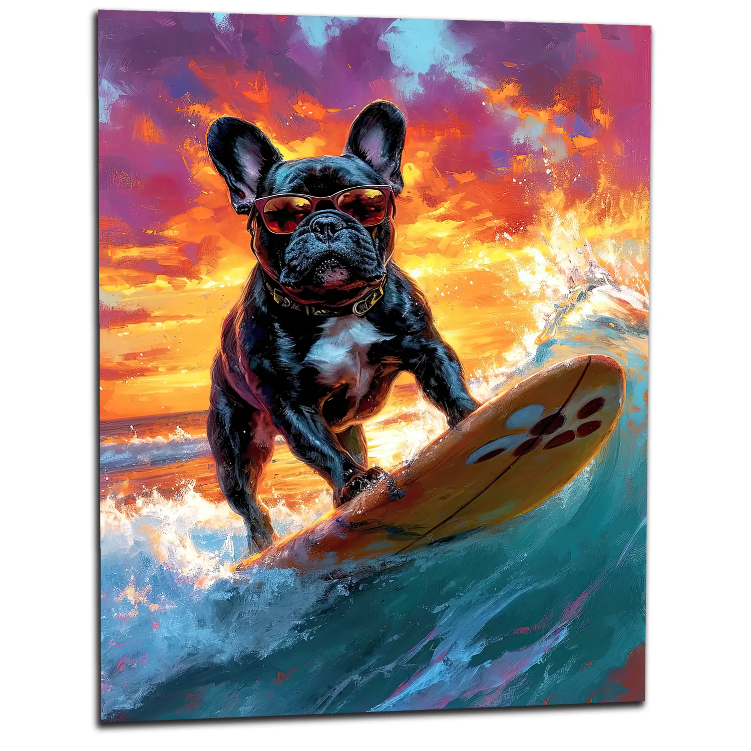 bouledogue français à lunettes surfeur