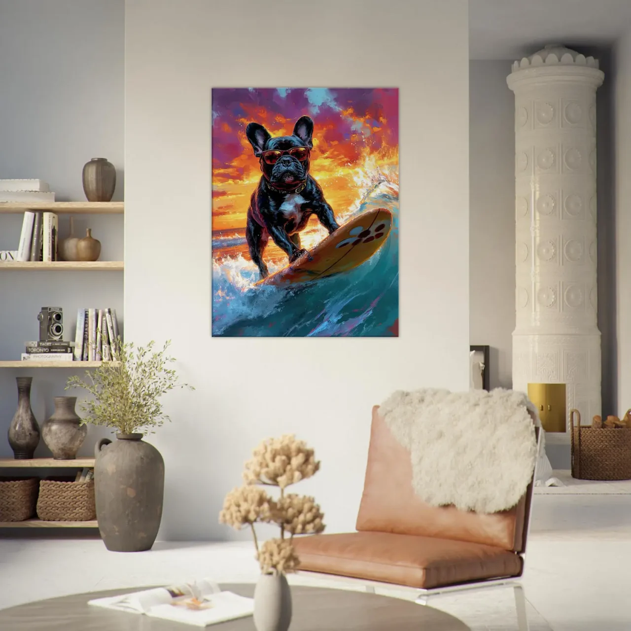 bouledogue français à lunettes surfeur