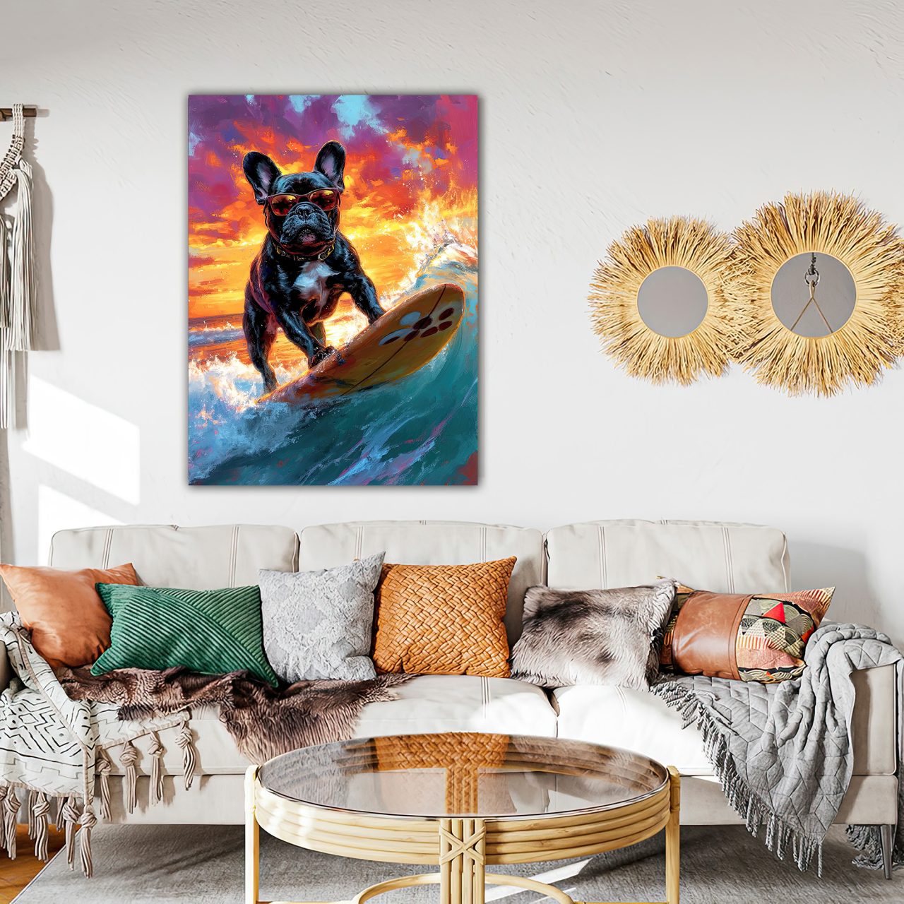 bouledogue français à lunettes surfeur