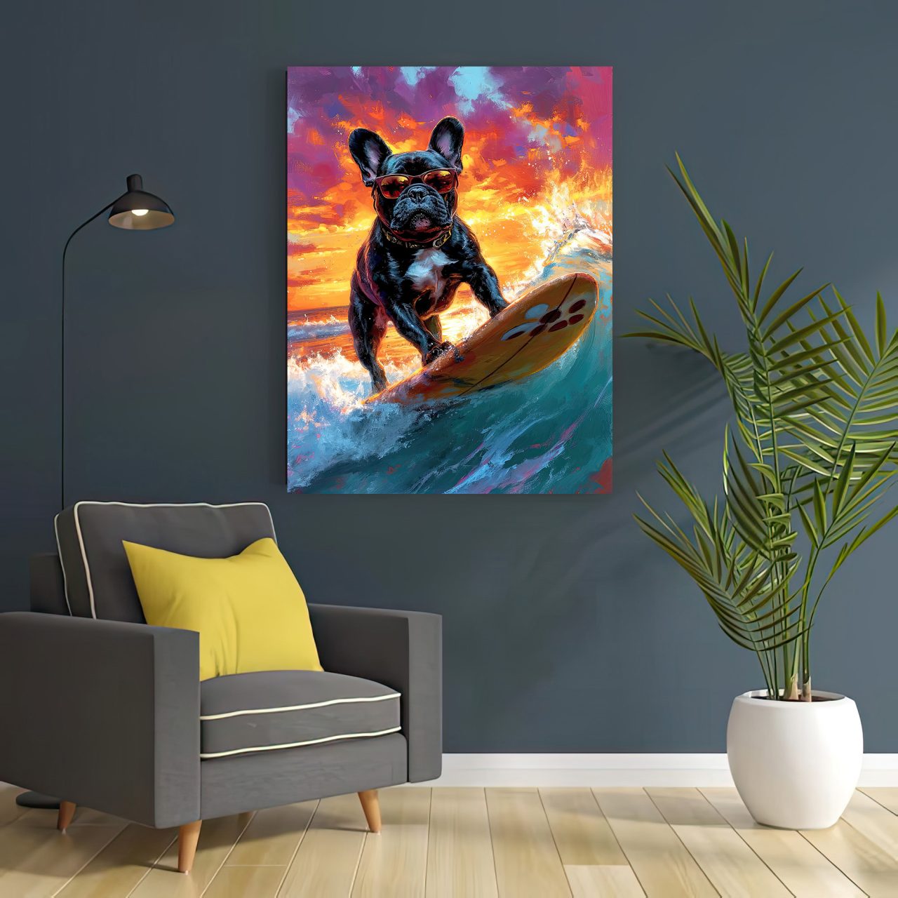 bouledogue français à lunettes surfeur