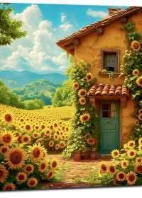 eclat d'été maisonnette et tournesols