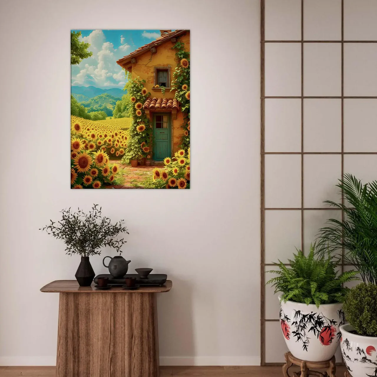 eclat d'été maisonnette et tournesols