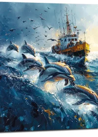 Dauphins et bateau de pêche en mer