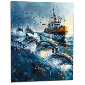 Dauphins et bateau de pêche en mer