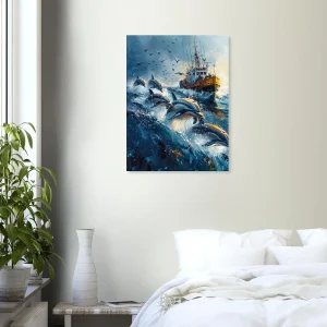 Dauphins et bateau de pêche en mer Dauphins et bateau de pêche en mer