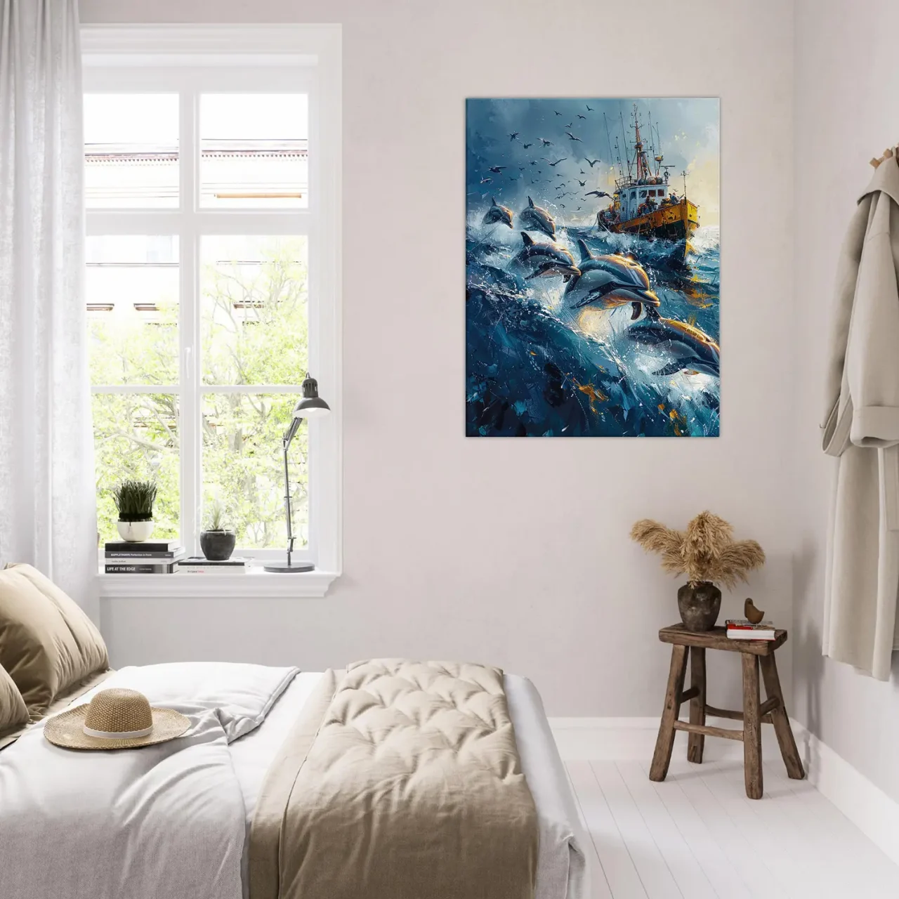 Dauphins et bateau de pêche en mer Dauphins et bateau de pêche en mer