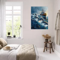 Dauphins et bateau de pêche en mer Dauphins et bateau de pêche en mer