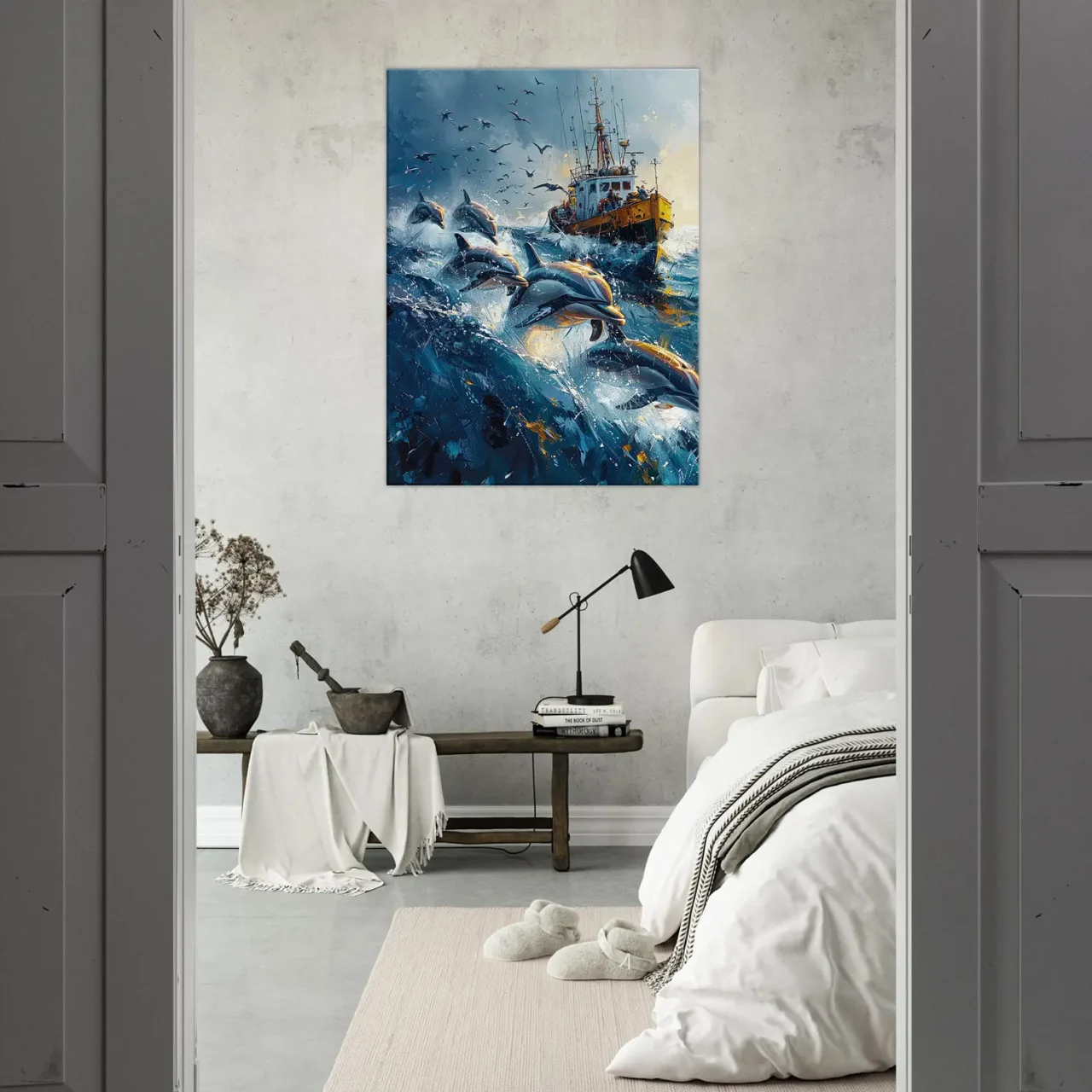 Dauphins et bateau de pêche en mer Dauphins et bateau de pêche en mer