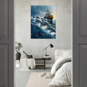 Dauphins et bateau de pêche en mer Dauphins et bateau de pêche en mer