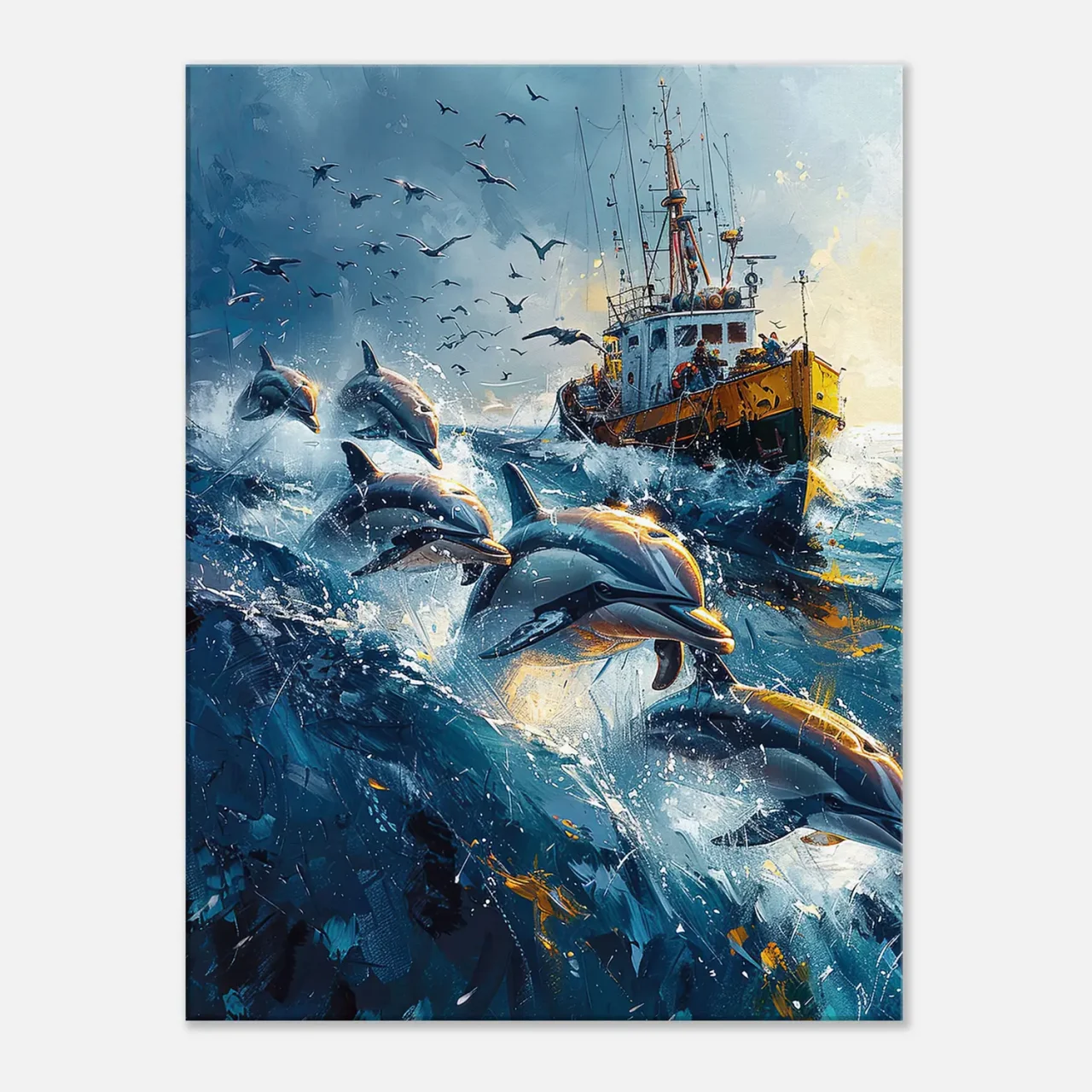 Dauphins et bateau de pêche en mer Dauphins et bateau de pêche en mer