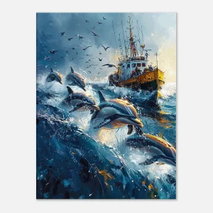 Dauphins et bateau de pêche en mer Dauphins et bateau de pêche en mer