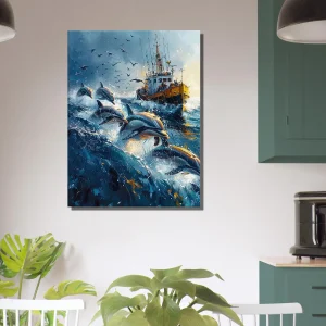 Dauphins et bateau de pêche en mer Dauphins et bateau de pêche en mer