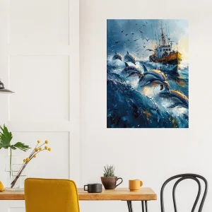 Dauphins et bateau de pêche en mer Dauphins et bateau de pêche en mer