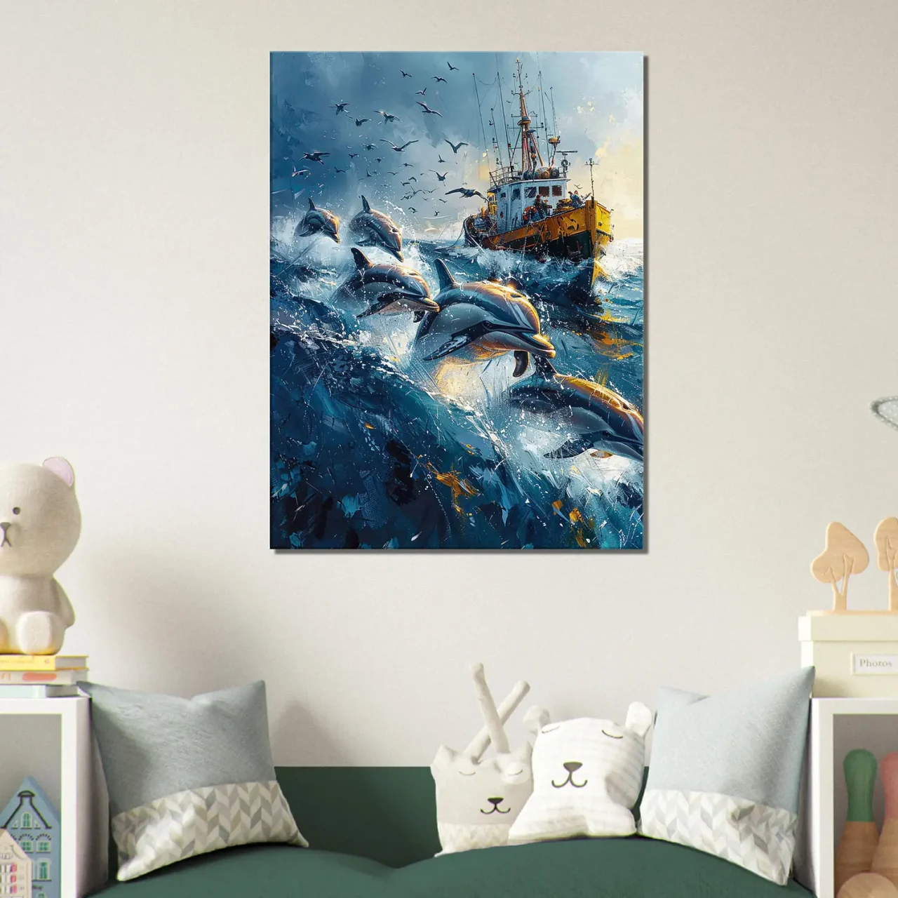 Dauphins et bateau de pêche en mer Dauphins et bateau de pêche en mer