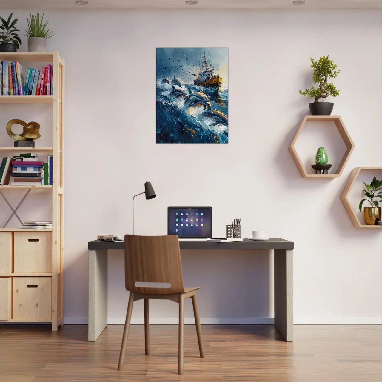 Dauphins et bateau de pêche en mer Dauphins et bateau de pêche en mer