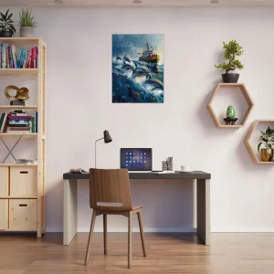 Dauphins et bateau de pêche en mer Dauphins et bateau de pêche en mer