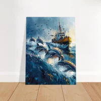 Dauphins et bateau de pêche en mer Dauphins et bateau de pêche en mer