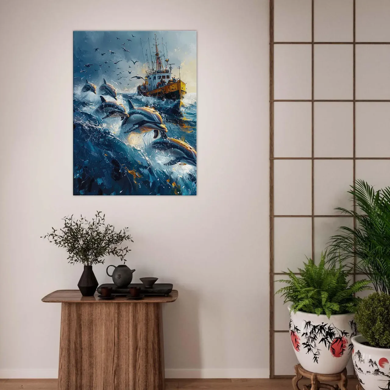 Dauphins et bateau de pêche en mer Dauphins et bateau de pêche en mer