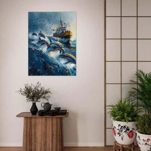 Dauphins et bateau de pêche en mer Dauphins et bateau de pêche en mer