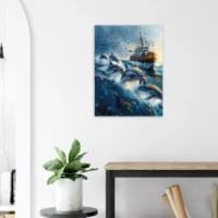 Dauphins et bateau de pêche en mer Dauphins et bateau de pêche en mer