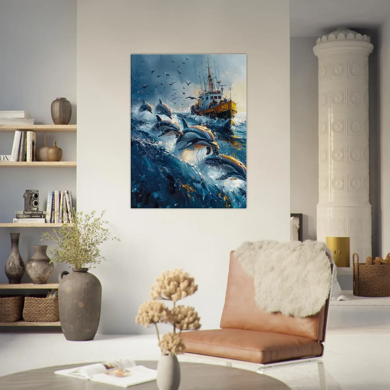 Dauphins et bateau de pêche en mer Dauphins et bateau de pêche en mer