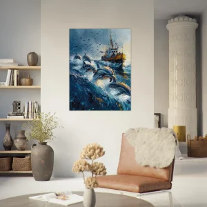 Dauphins et bateau de pêche en mer Dauphins et bateau de pêche en mer