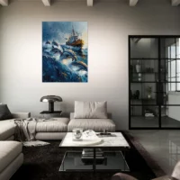 Dauphins et bateau de pêche en mer