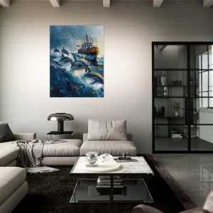 Dauphins et bateau de pêche en mer