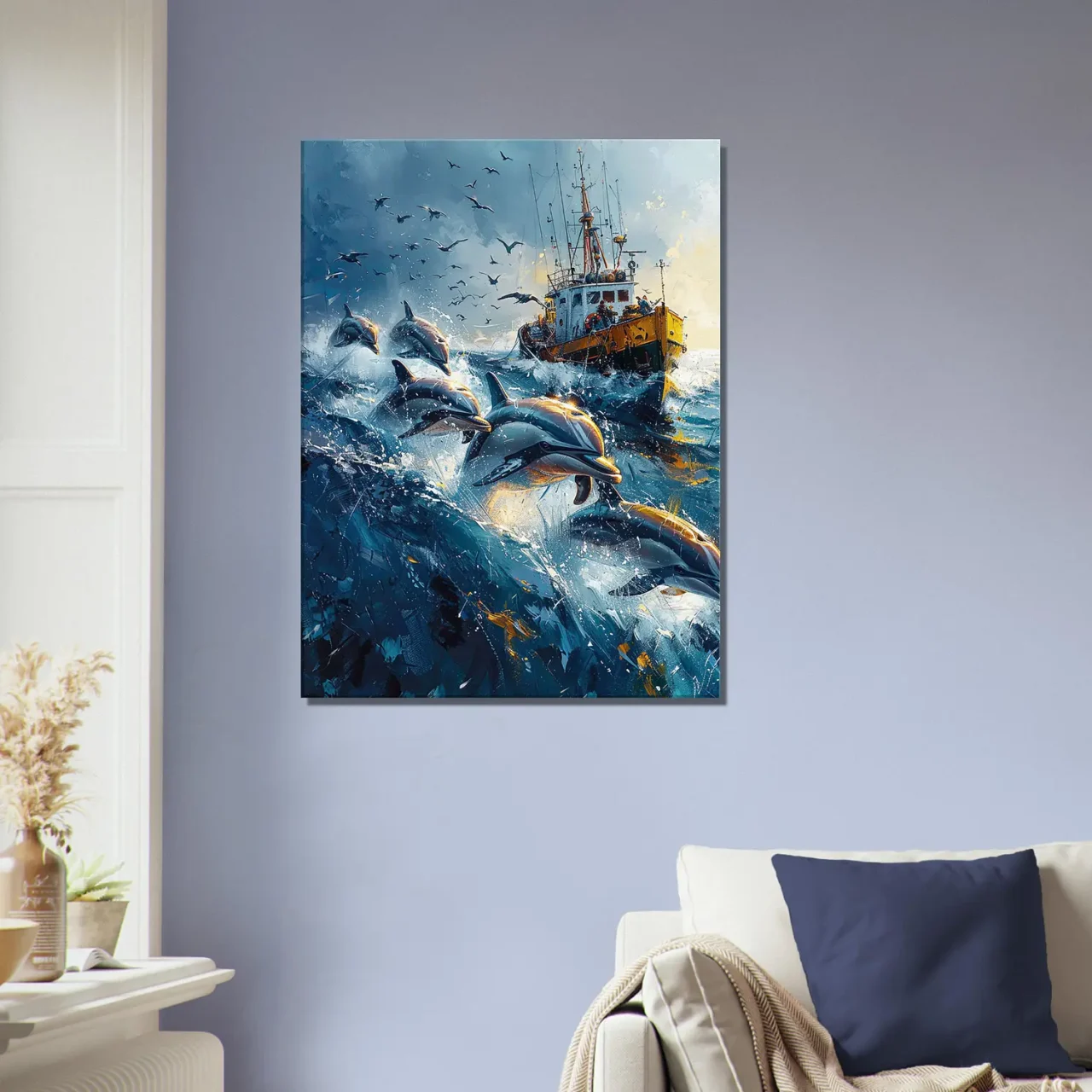 Dauphins et bateau de pêche en mer Dauphins et bateau de pêche en mer