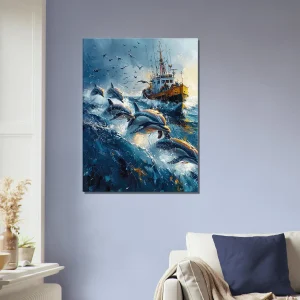 Dauphins et bateau de pêche en mer Dauphins et bateau de pêche en mer