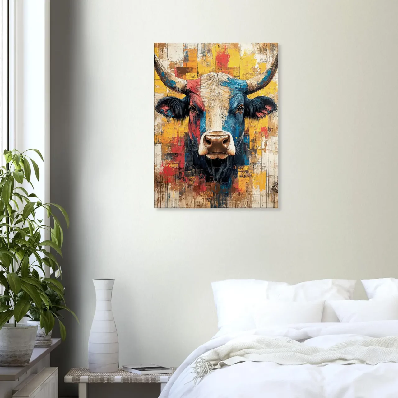Cadre vache Highland : un tableau abstrait et coloré Cadre vache Highland : un tableau abstrait et coloré