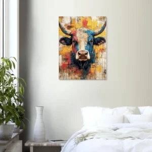 Cadre vache Highland : un tableau abstrait et coloré Cadre vache Highland : un tableau abstrait et coloré