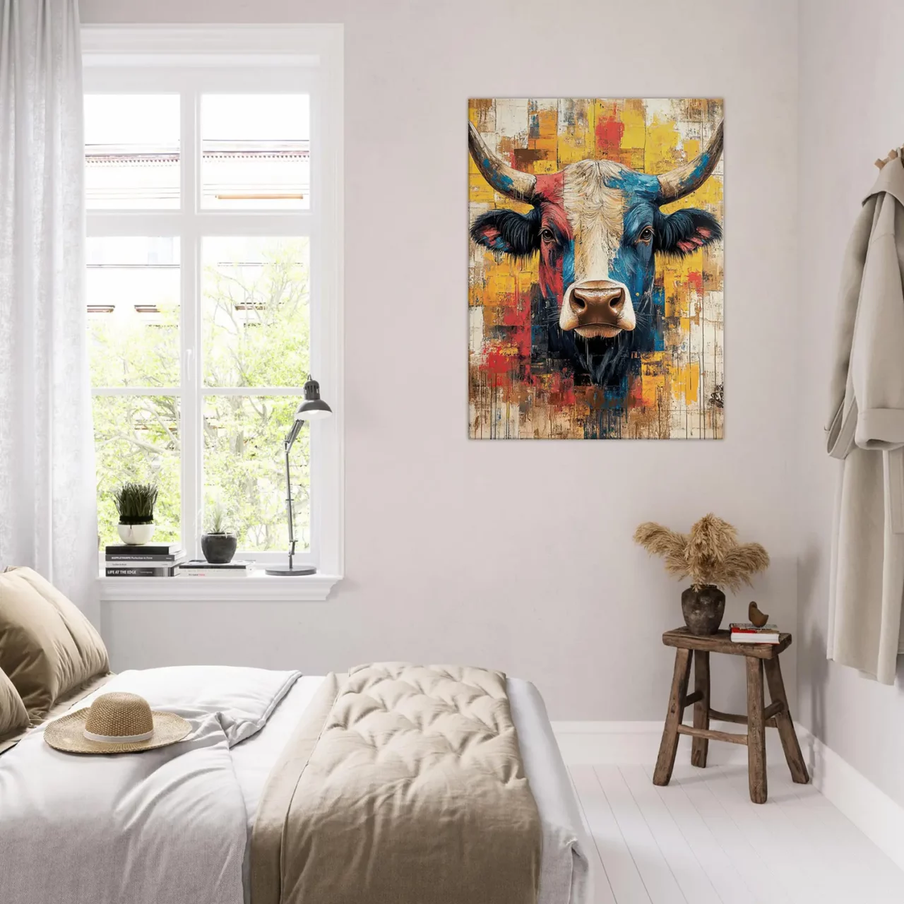 Cadre vache Highland : un tableau abstrait et coloré Cadre vache Highland : un tableau abstrait et coloré