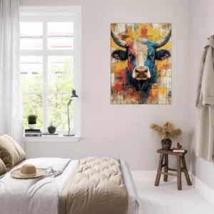 Cadre vache Highland : un tableau abstrait et coloré Cadre vache Highland : un tableau abstrait et coloré