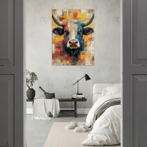 Cadre vache Highland : un tableau abstrait et coloré Cadre vache Highland : un tableau abstrait et coloré
