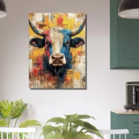 Cadre vache Highland : un tableau abstrait et coloré Cadre vache Highland : un tableau abstrait et coloré
