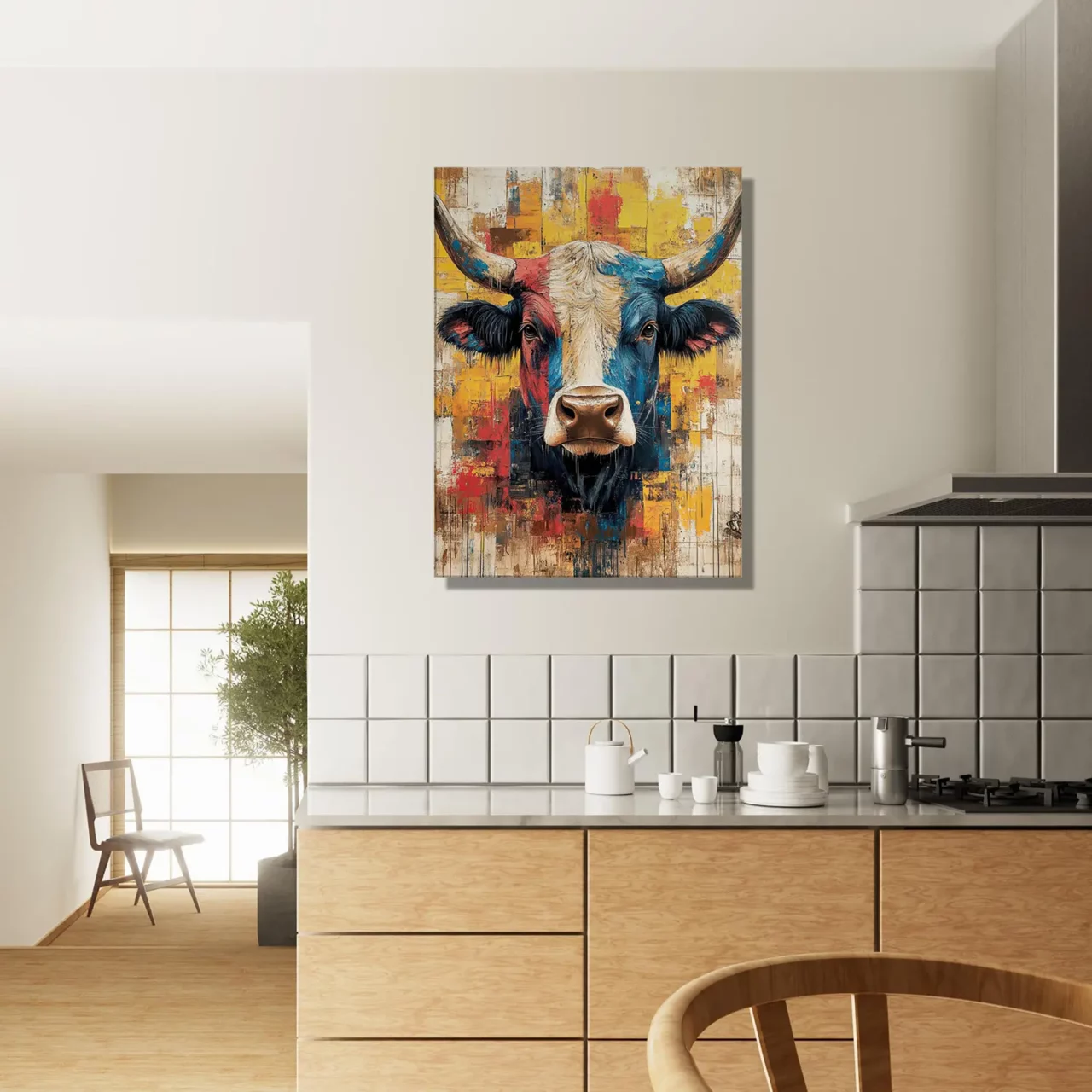 Cadre vache Highland : un tableau abstrait et coloré Cadre vache Highland : un tableau abstrait et coloré