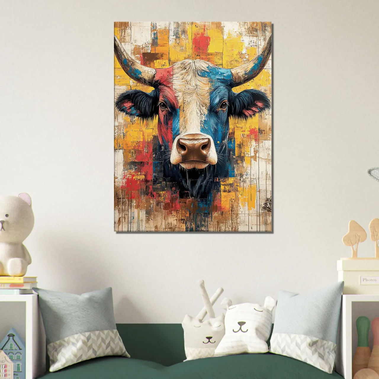 Cadre vache Highland : un tableau abstrait et coloré Cadre vache Highland : un tableau abstrait et coloré