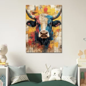 Cadre vache Highland : un tableau abstrait et coloré Cadre vache Highland : un tableau abstrait et coloré