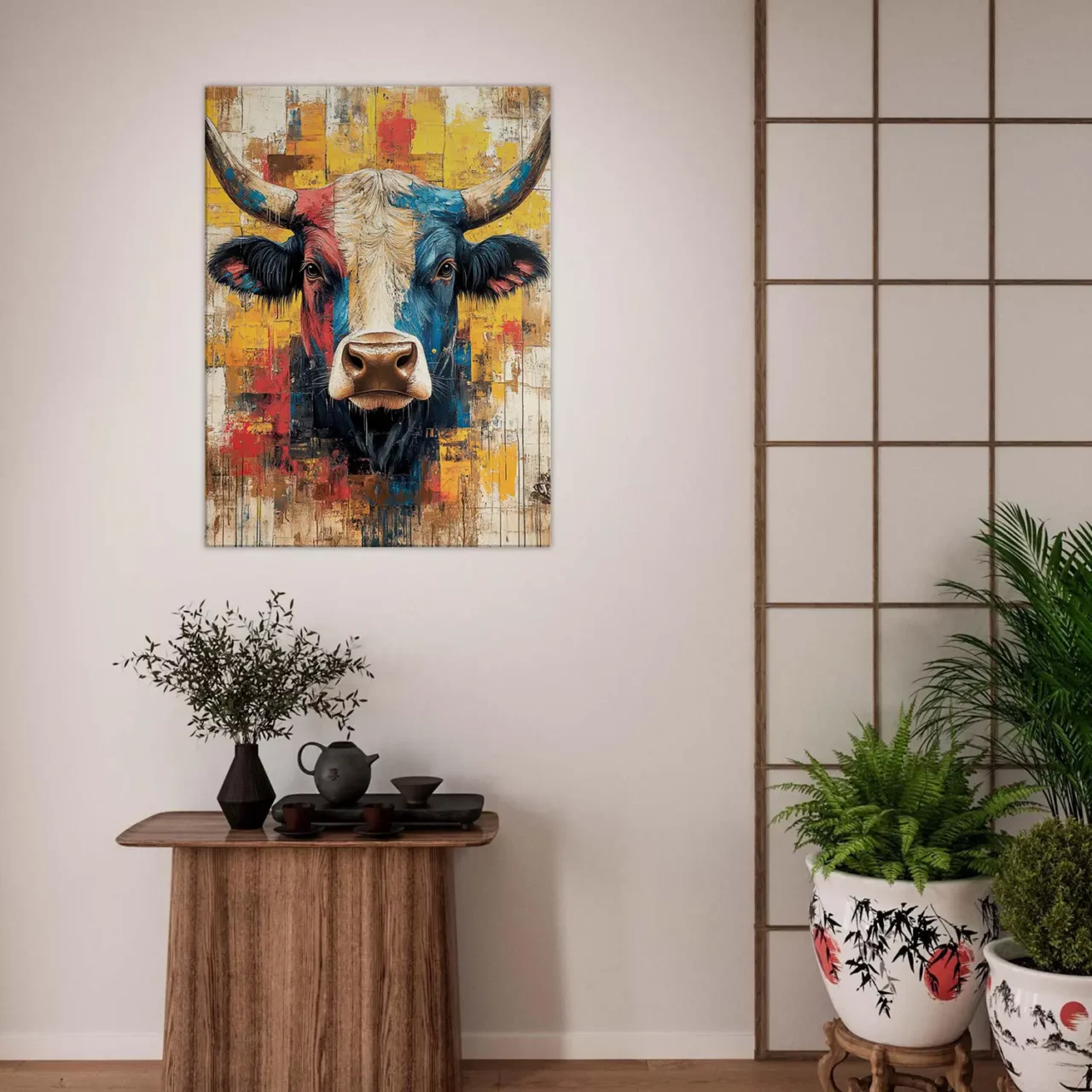 Cadre vache Highland : un tableau abstrait et coloré Cadre vache Highland : un tableau abstrait et coloré