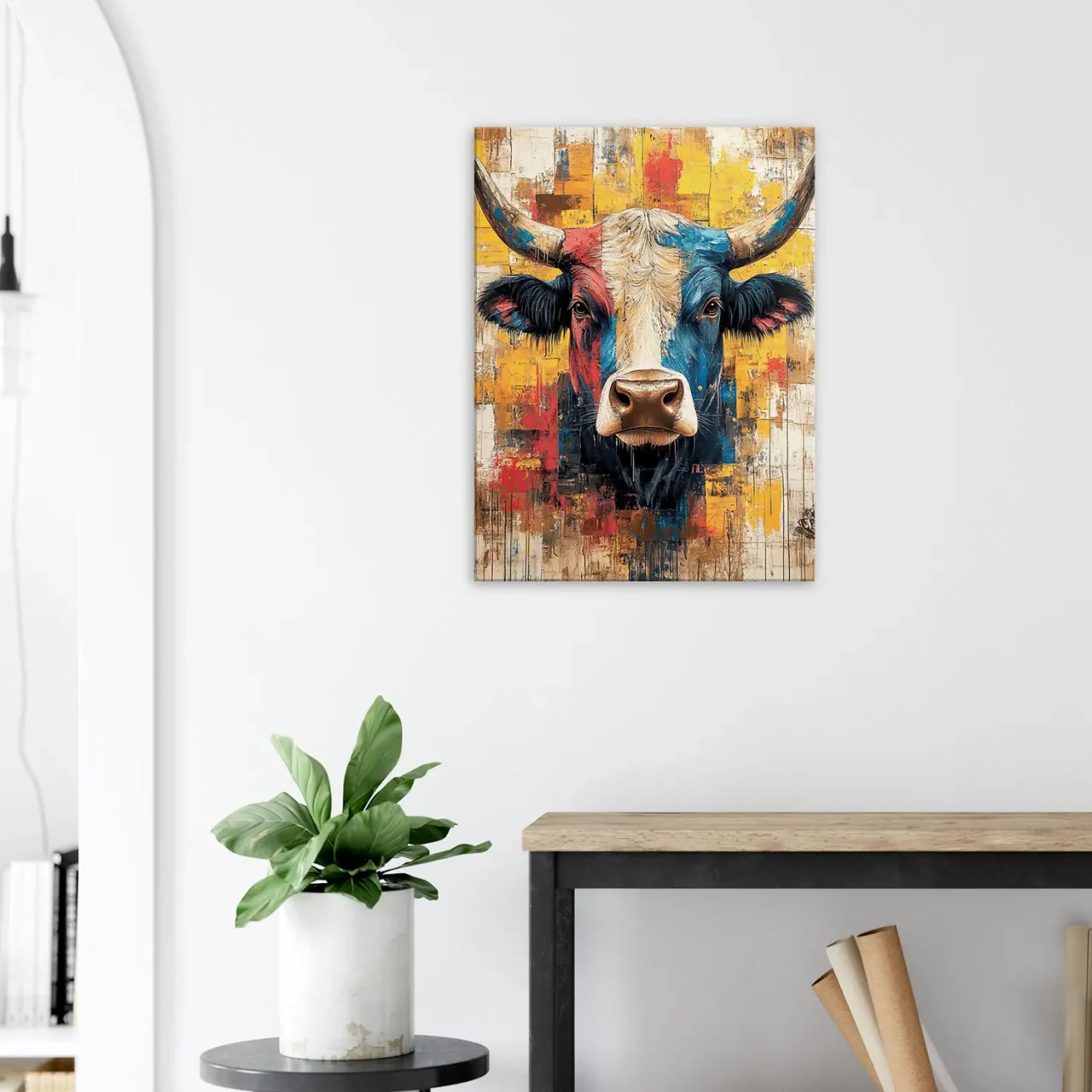 Cadre vache Highland : un tableau abstrait et coloré Cadre vache Highland : un tableau abstrait et coloré
